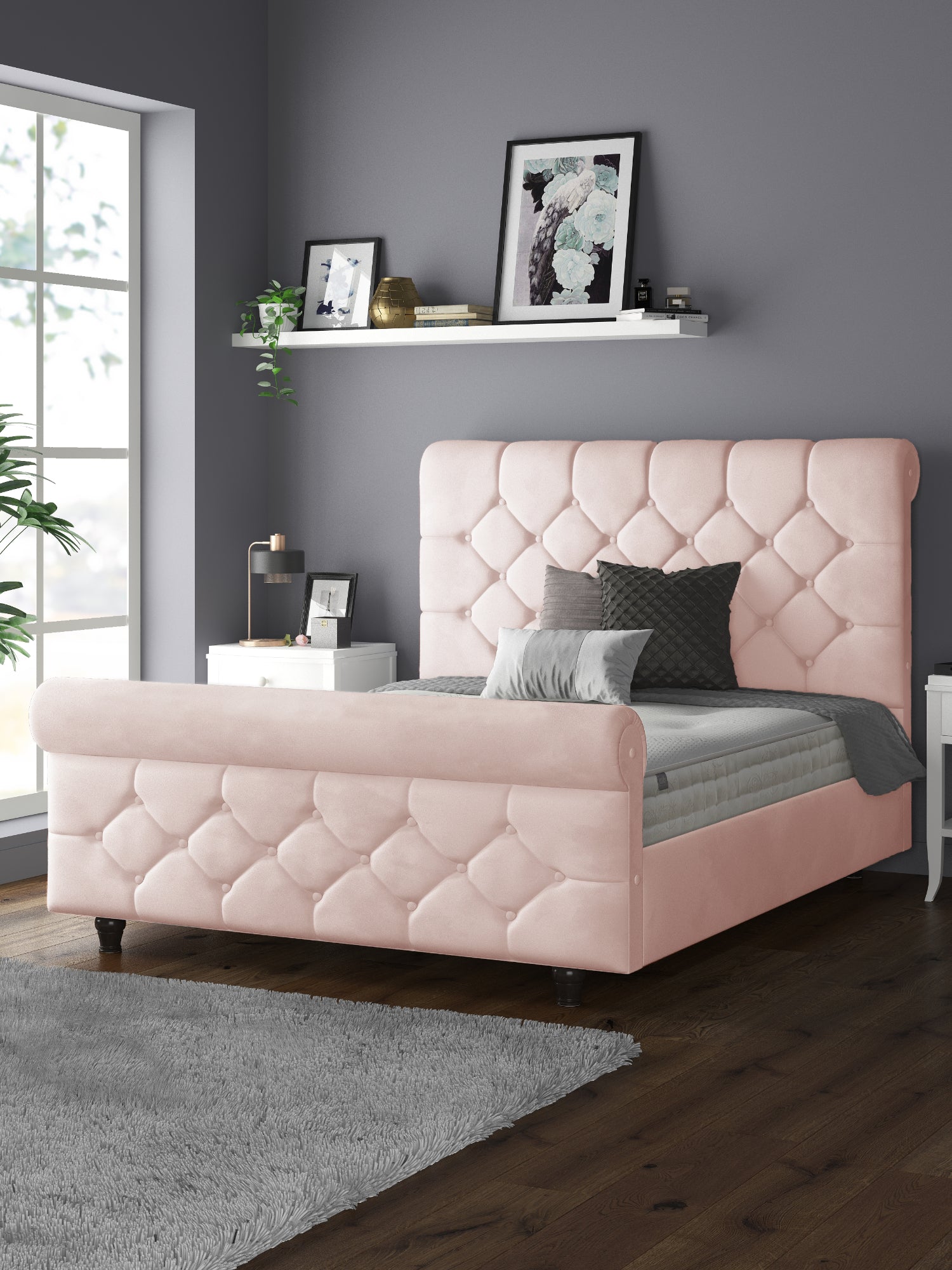 Jasmine Velvet Chesterfield Sleigh Plush Velvet Bed Frame